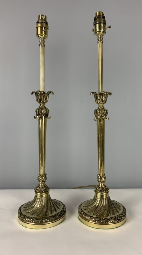 Pair of C1900 Tall Brass Table Lamps, Rewired and Pat Tested