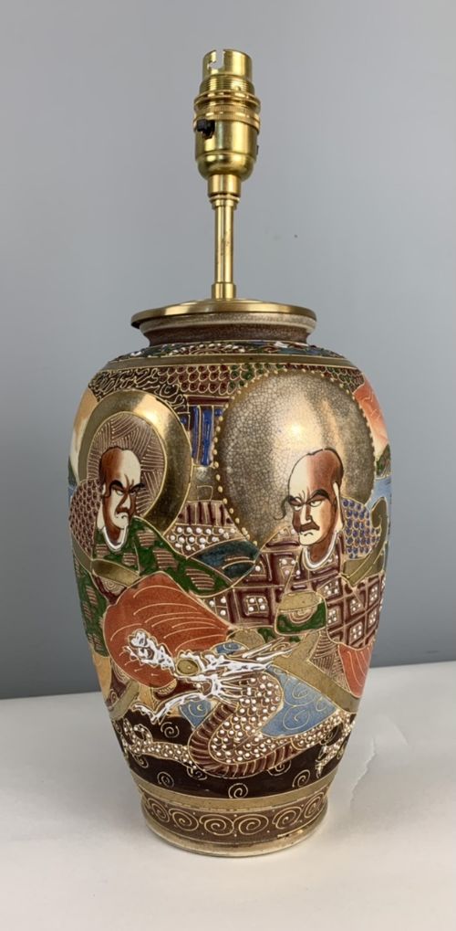 Handpainted Japanese Satsuma Moriage Vase Taisho Period Table Lamp, Rewired and Pat Tested