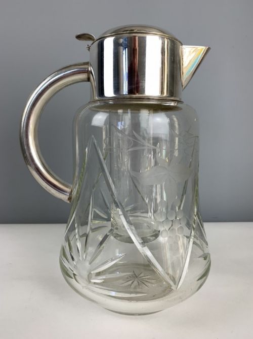 1930s Art Deco Silver Plated Glass Lemonade Jug with Ice Tube