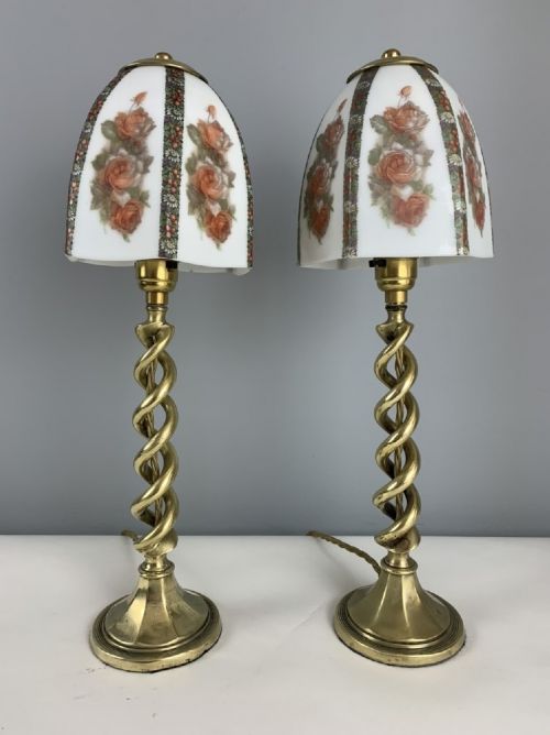 Pair of Brass Twist Table Lamps with Ceramic Shades, Rewired and Pat Tested
