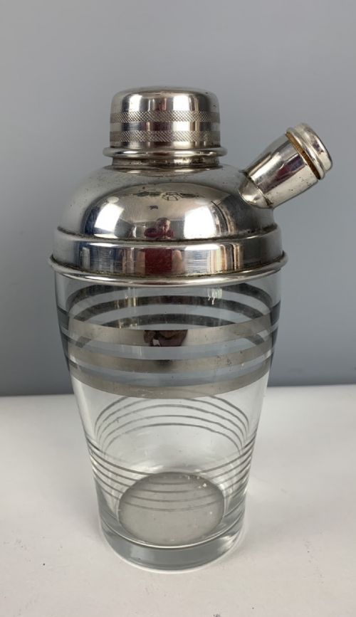 Unusual Striped Glass, Silver Plated Art Deco Cocktail Shaker