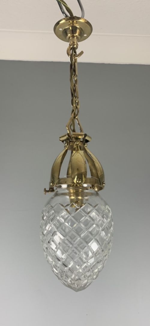 C1920 Cut Glass Pendant Ceiling Light with Original Shade, Rewired