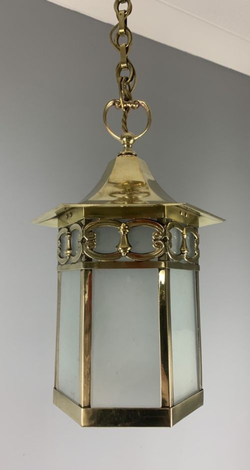 1920s Hexagonal Brass Lantern Ceiling Light with Opaque Glass, Rewired