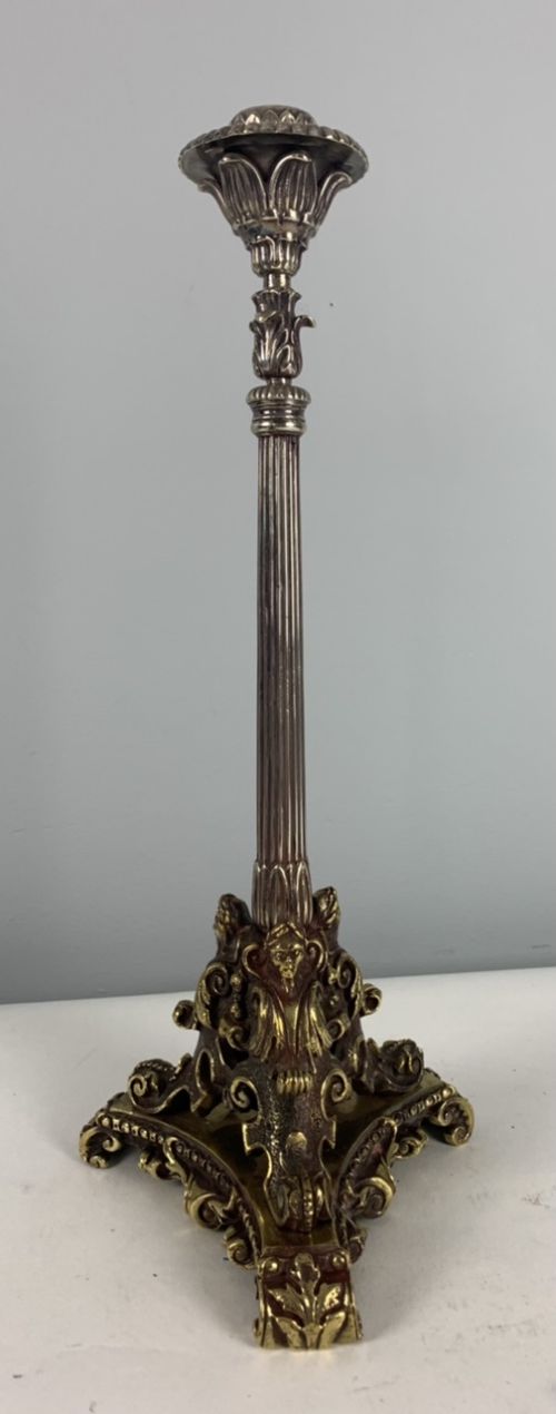 Single 19th Century French Brass & Silver Plated Candlestick