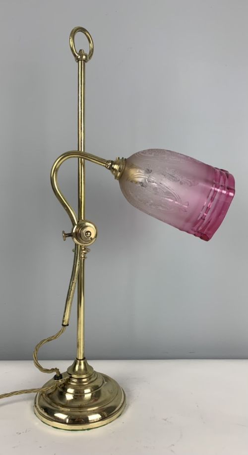English Rise and Fall Desk Table Lamp with Original Cranberry Shade, Rewired and Pat Tested
