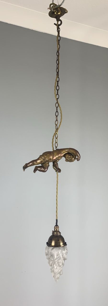 French Bronzed Brass Icicle Shade, Cherub Pendant Ceiling Light, Rewired