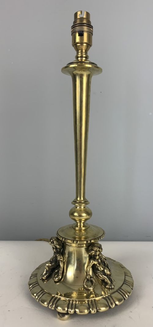 English Victorian Cherub Brass Table Lamp, Rewired and Pat Tested