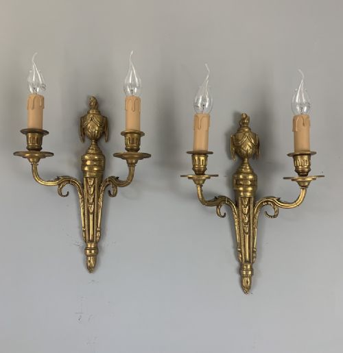 Pair of French Gilded Brass Wall Lights, Rewired