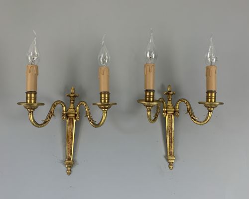 Pair of 1920s French Gilded Brass Wall Lights, Rewired