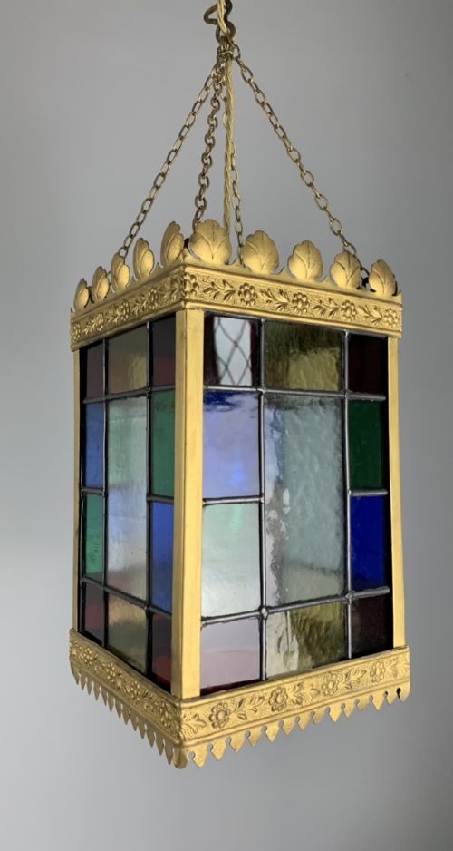Victorian Stained Glass Gilded Brass Hall Lantern, Ceiling Light, Rewired