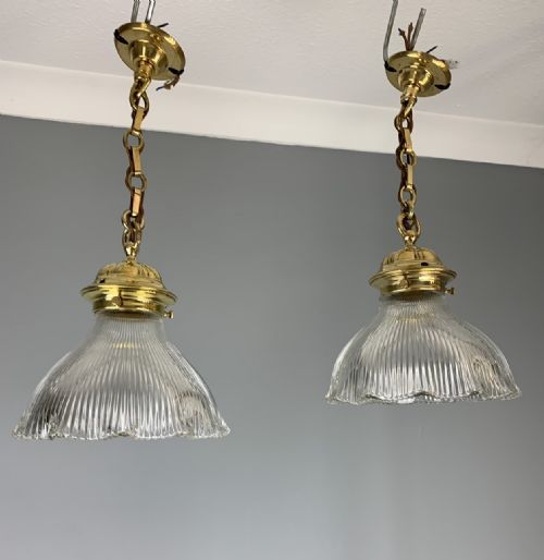 Pair of Prism Shades on Brass Galleries, Ceiling Pendant Lights, Rewired