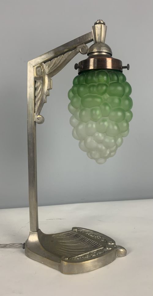 French Art Nouveau Distressed Silver Plated Table Lamp with Grape Shade, Rewired and Pat Tested