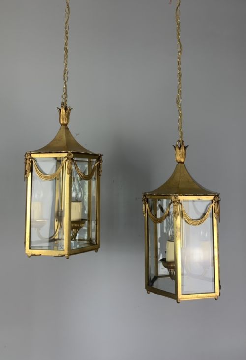 Pair of French 1930s Brass Glazed Lanterns, Rewired