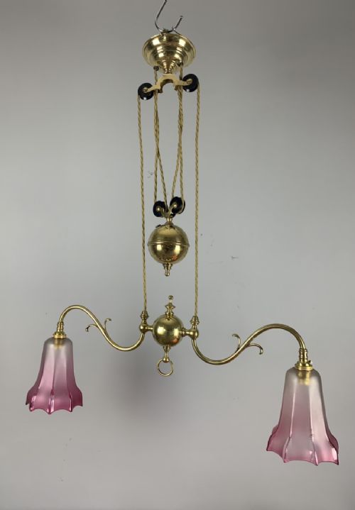 C1920 Brass Rise & Fall Ceiling Light with Cranberry Glass Shades; Rewired