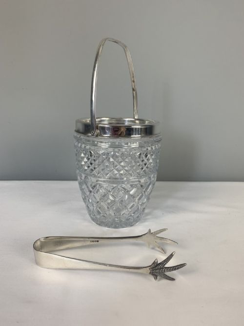 Art Deco Silver Plated & Cut Glass Ice Bucket with Folding Handle - Comes with Ice Tongs