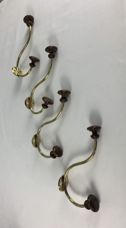 Set of 4 Brass and Wood Coat Hooks