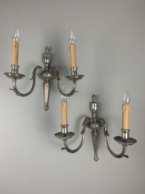Large Pair of Edwardian English Silver Plated Wall Lights, Rewired