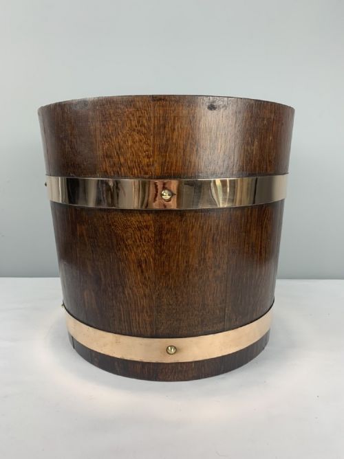 English Oak Barrel Tub Planter with Brass Banding, Makers Mark