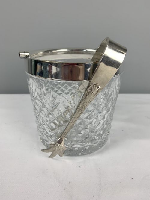 Art Deco Silver Plated & Cut Glass Ice Bucket with Folding Handle - Comes with Ice Tongs