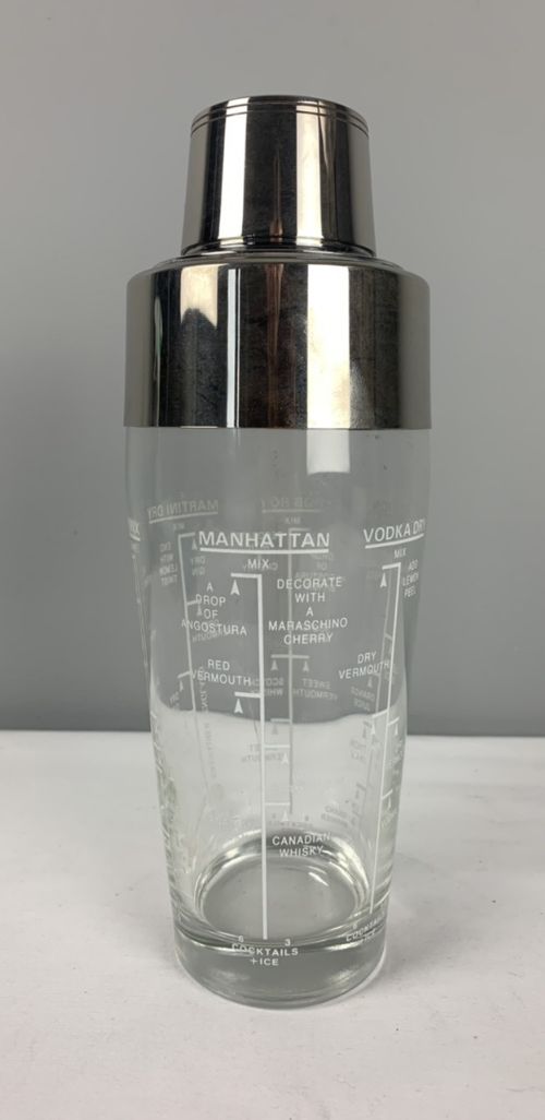 Grenadier Art Deco Glass & Silver Plated Recipe Cocktail Shaker