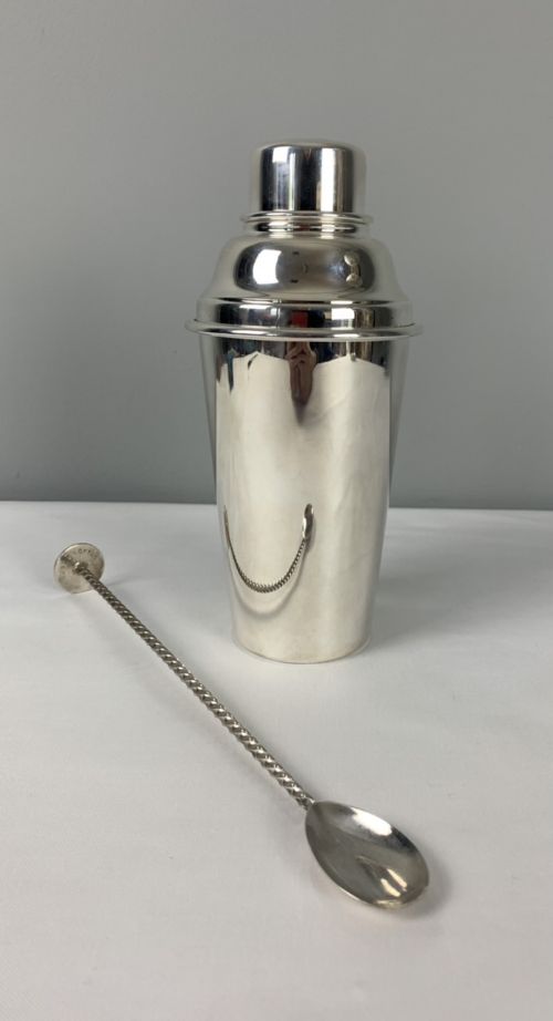 Art Deco Silver Plated Cocktail Shaker with Stirring Spoon