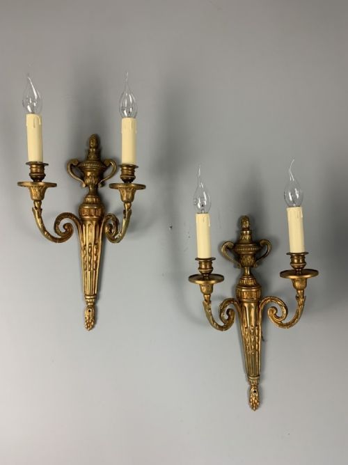 Pair of Large French Aged Gilt Brass Wall Lights, Rewired