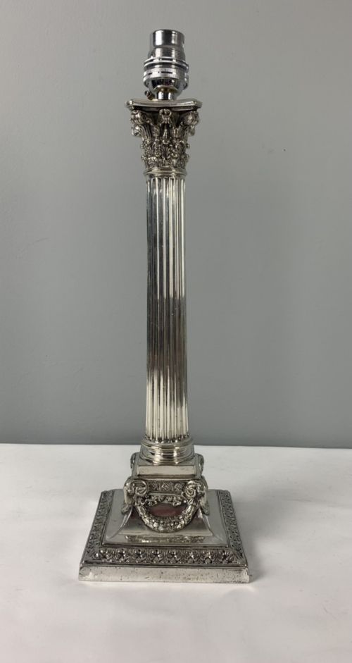 Elkington Silver Plated Corinthian Column Table Lamp, Rewired and Pat Tested
