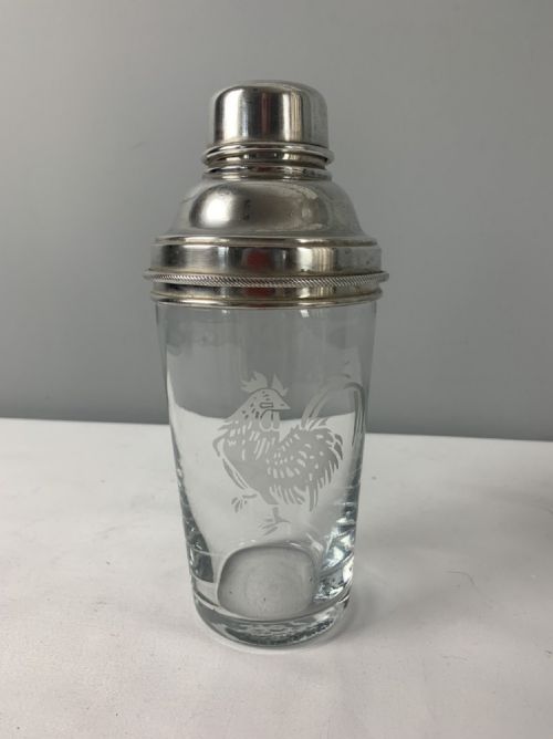 Art Deco Cockerel Glass & Silver Plated Cocktail Shaker
