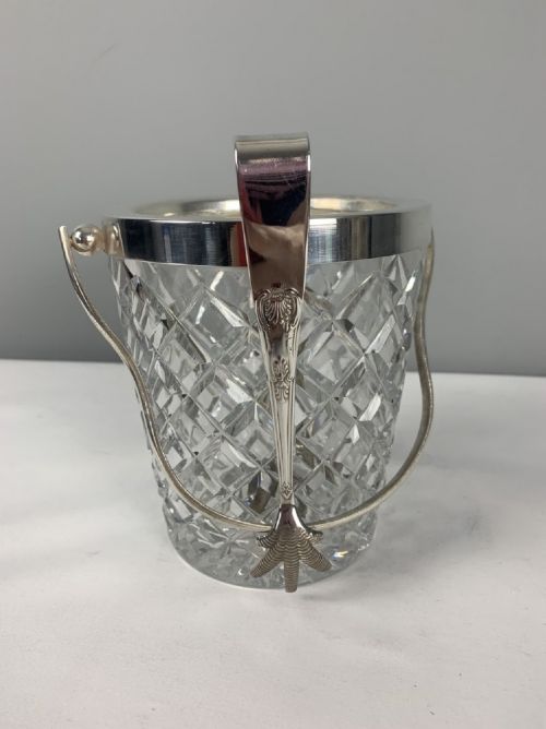 Art Deco Silver Plated & Cut Glass Ice Bucket with Folding Handle - Comes with Ice Tongs