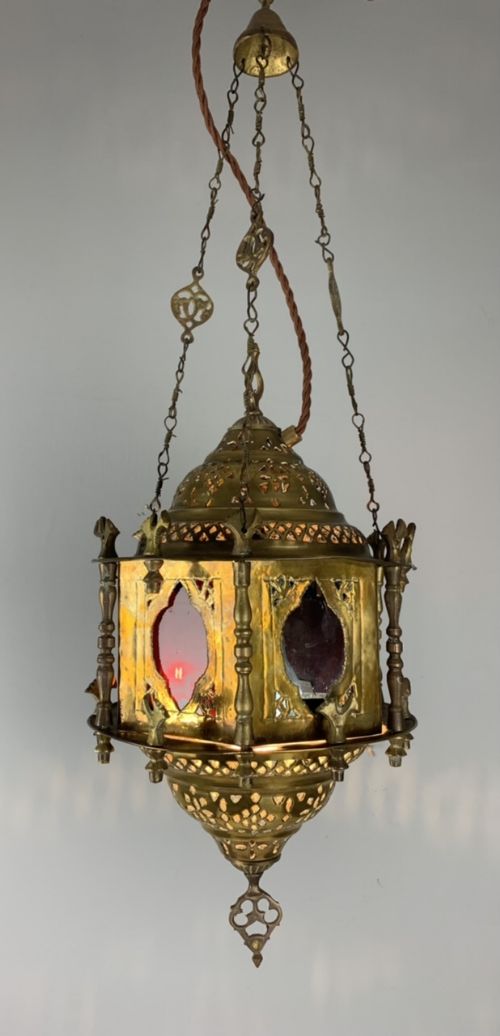 Moroccan Damascus Brass Early 20th Century Lantern, Rewired