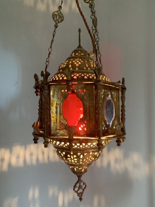fig 1. Moroccan Damascus Brass Early 20th Century Lantern, Rewired