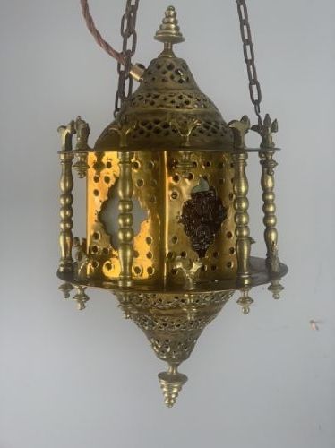 fig 1. Moroccan Damascus Brass Early 20th Century Lantern, Rewired