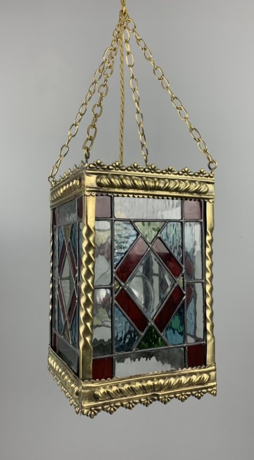 Victorian English Polished Brass Stained Glass Lantern, Ceiling Light, Fully Refurbished & Pat Tested