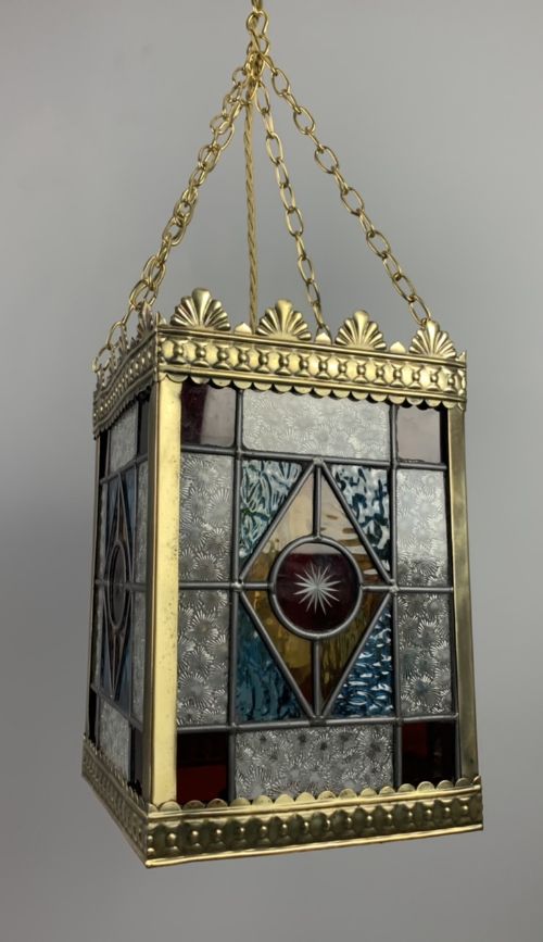 Victorian English Polished Brass Stained Glass Lantern, Ceiling Light, Fully Refurbished & Pat Tested