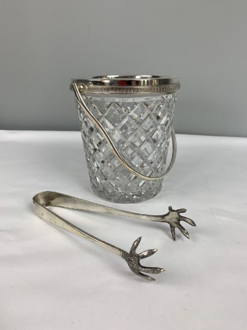 Art Deco Silver Plated & Cut Glass Ice Bucket with Folding Handle - Comes with Ice Tongs