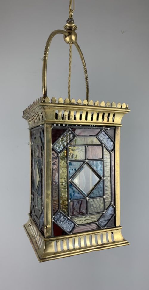 Victorian Stained Glass Brass Lantern, Ceiling Light, Rewired