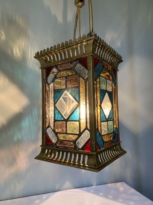 fig 1. Victorian Stained Glass Brass Lantern, Ceiling Light, Rewired