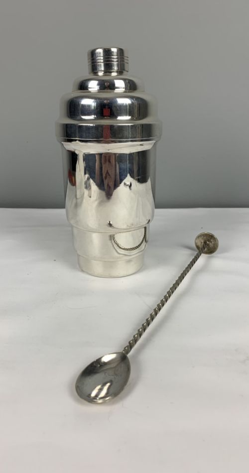 1930s French Art Deco Stepped Silver Plated Cocktail Shaker & Stirring Spoon