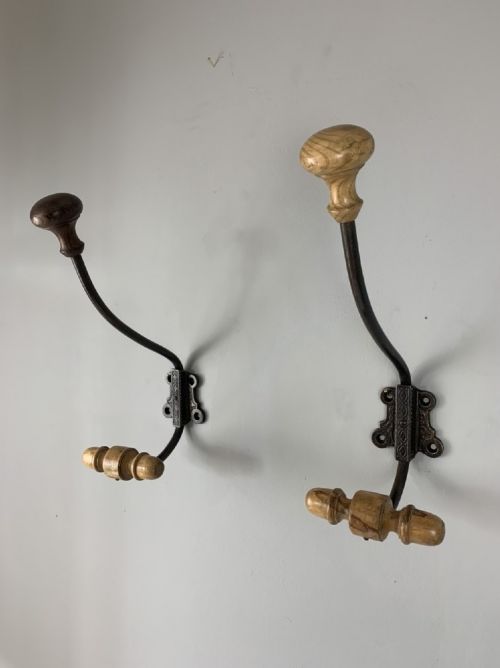 Pair of Large French Wood and Steel Coat Hooks