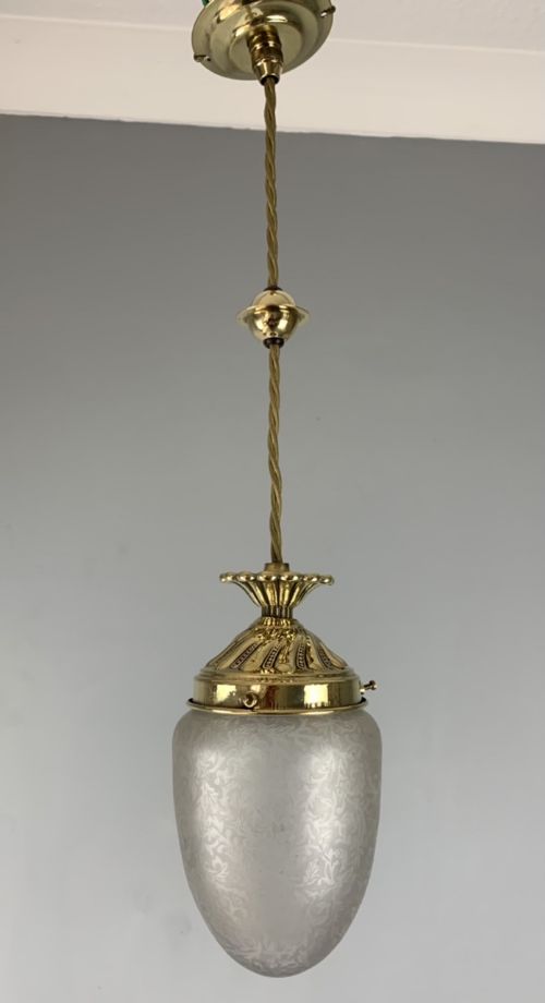 Etched Glass Brass Pendant Ceiling Light, Original Shade, Rewired
