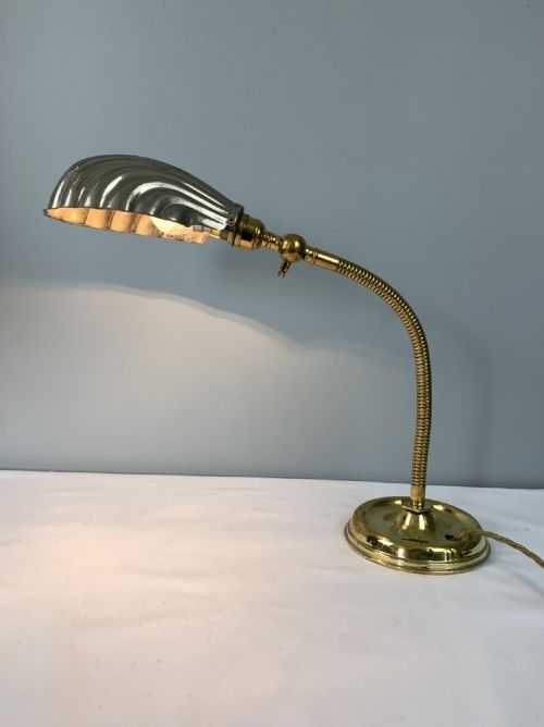 English 1920s Brass Bendy Desk Table Lamp, Original Shade, Rewired and Pat Tested