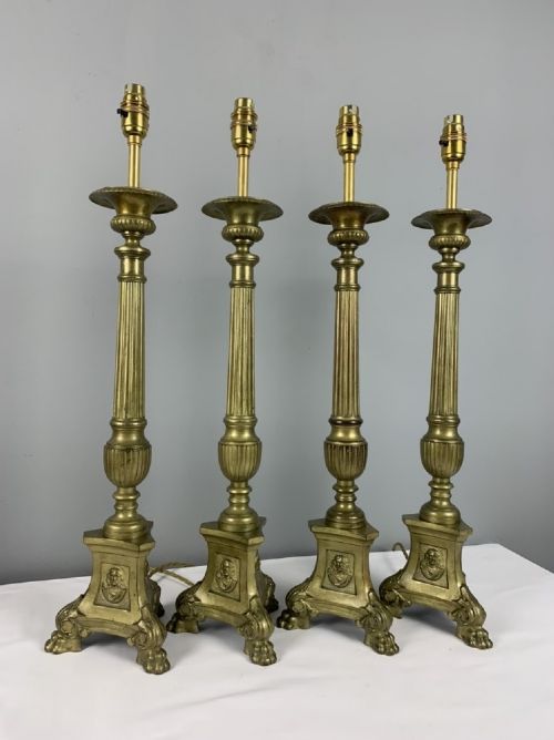 Set of 4 Tall Gilded French Pricket Altar Table Lamps, Rewired and Pat Tested