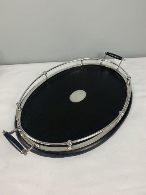 Victorian Oval Ebonised Wood and Silver Plated Drinks Tray