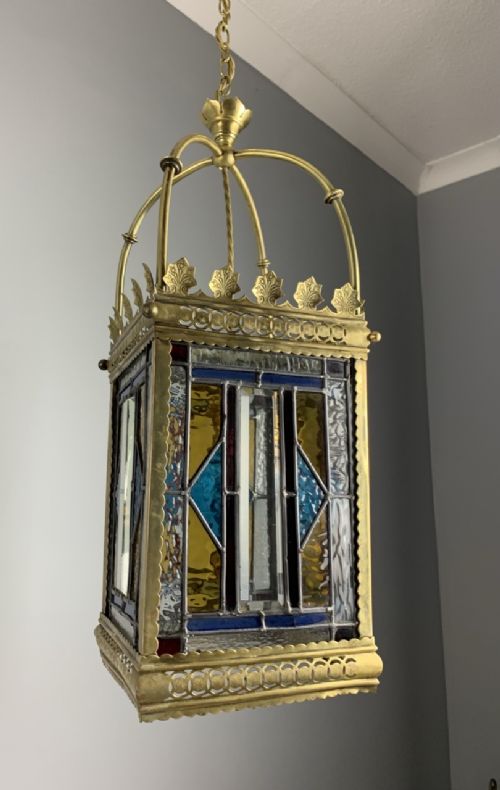 Victorian Stained Glass Brass Lantern, Ceiling Light, Rewired and Pat Tested