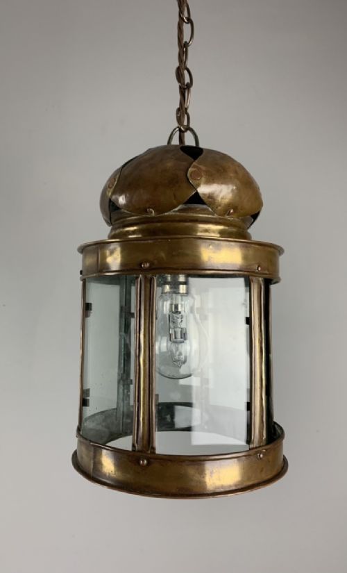 English Aged Brass Arts & Crafts Lantern, Rewired