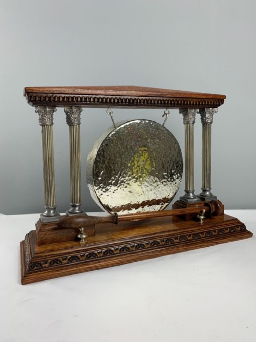 Large Oak & Silver Plated Corinthian Column Gong