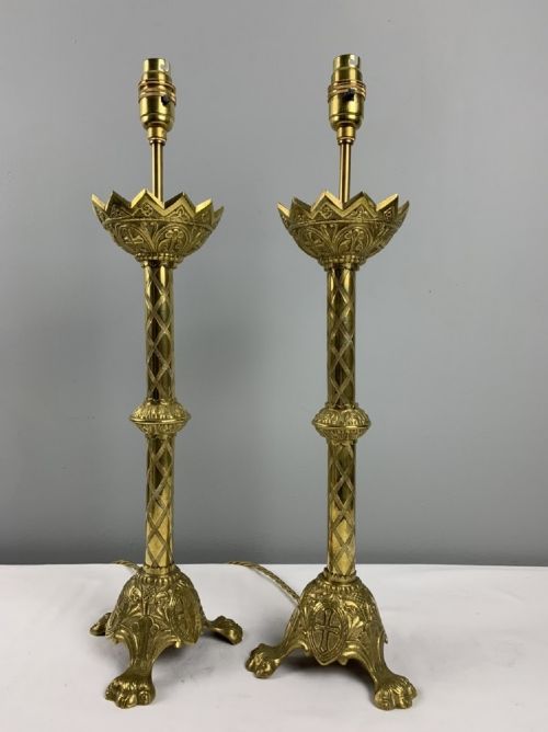Pair of French Brass Altar Table Lamps, Rewired and Pat Tested