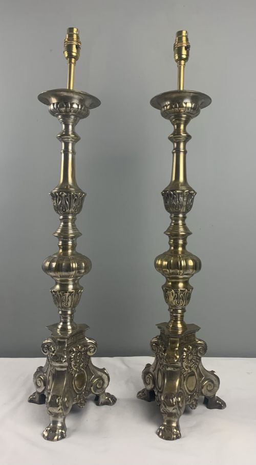Distressed Silver Plated Brass Pair of Altar Table Lamps, Rewired and Pat Tested