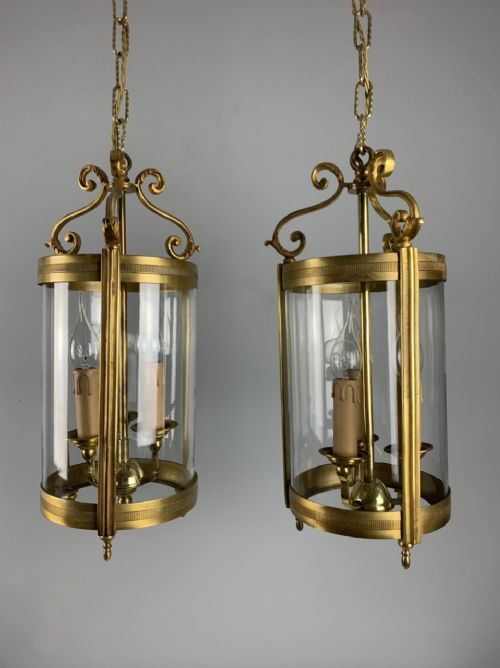 Pair of French Gilded Triple Light Convex Antique Lantern