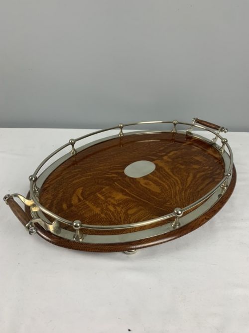 Large Oval Oak & Silver Gallery Drinks Tray.